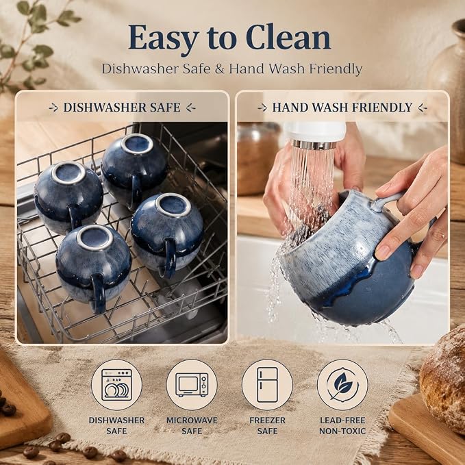Coffee Mugs Set of 4 | 16 oz Ceramic Coffee Mugs | Lead-Free | Comfortable Handle | Microwave and Dishwasher Safe | Stoneware Latte Cups for Tea & Cappuccino| Unique Father's Day & Holiday Gifts