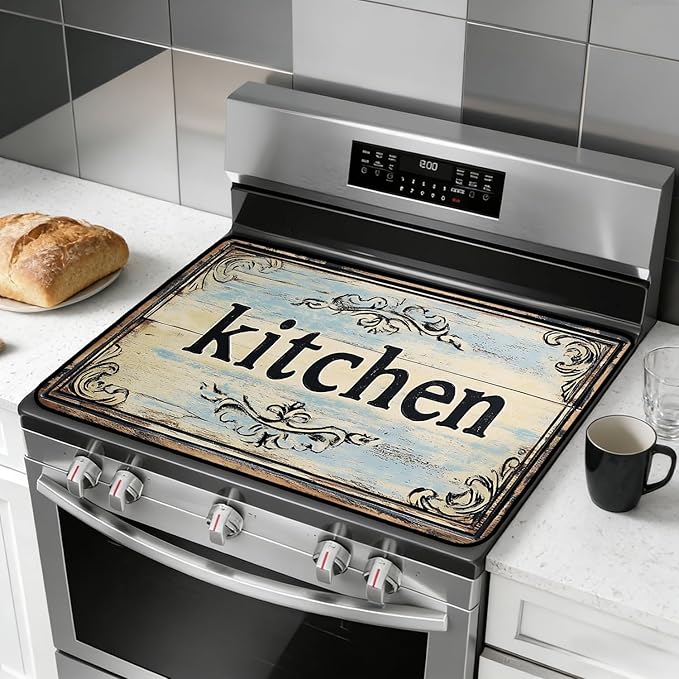Stove Top Cover for Electric Stove, Vintage Farmhouse Style Glass Cooktop Protector, Multi-functional Kitchen Counter & Washer Top Cover
