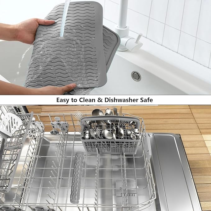 ZLR 2 Pcs Silicone Dish Drying Mat & Heat Resistant Trivet (12" x 16") - Waterproof Counter Protector for Coffee Maker - Non-Slip, BPA Free Kitchen Pad, Easy Clean Dishwasher Safe (Dark Gray)