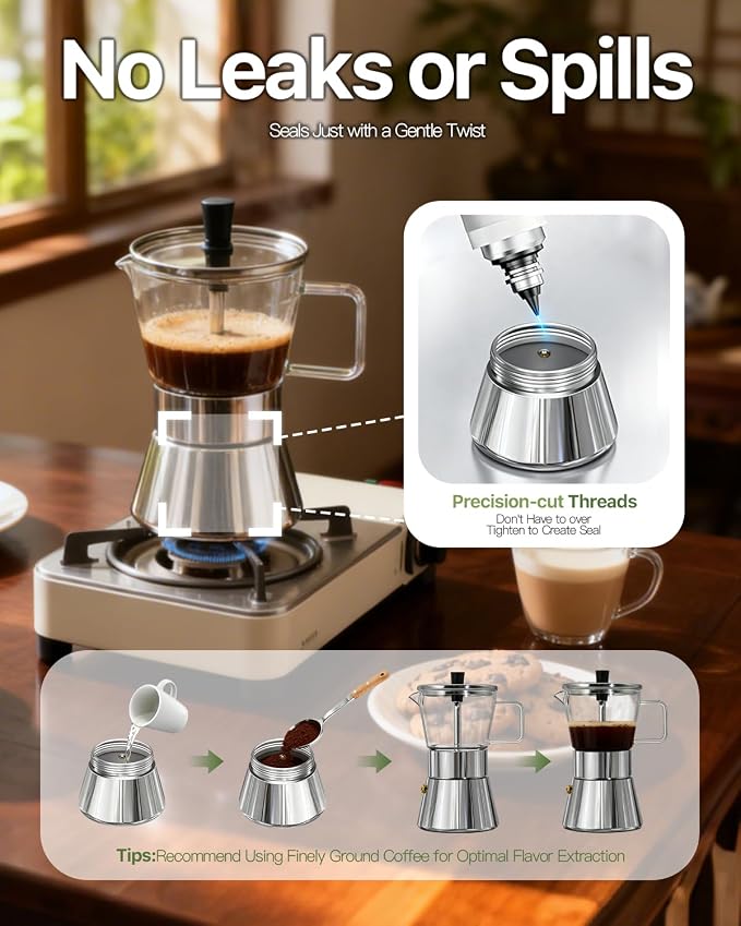 Grasseed Crystal Glass-Top Moka Pot, Polished Stainless Steel Stovetop Espresso Maker for Italian Coffee, Gift for Coffee Lovers - 6 Cup/240ml/8.4oz