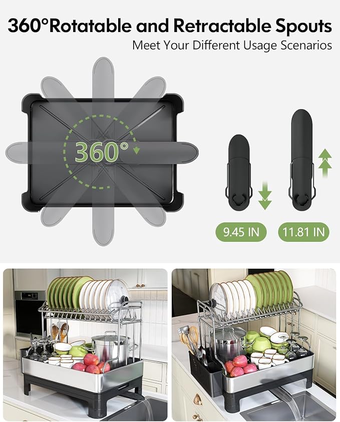 Extra Large Two Tier Stainless Steel Dish Drainer Drying Rack with Drainboard for Kitchen Counter, Modern Black and Silver, Rust Proof Metal, Space Saving Double Countertop Big Plates Dryer and Tray
