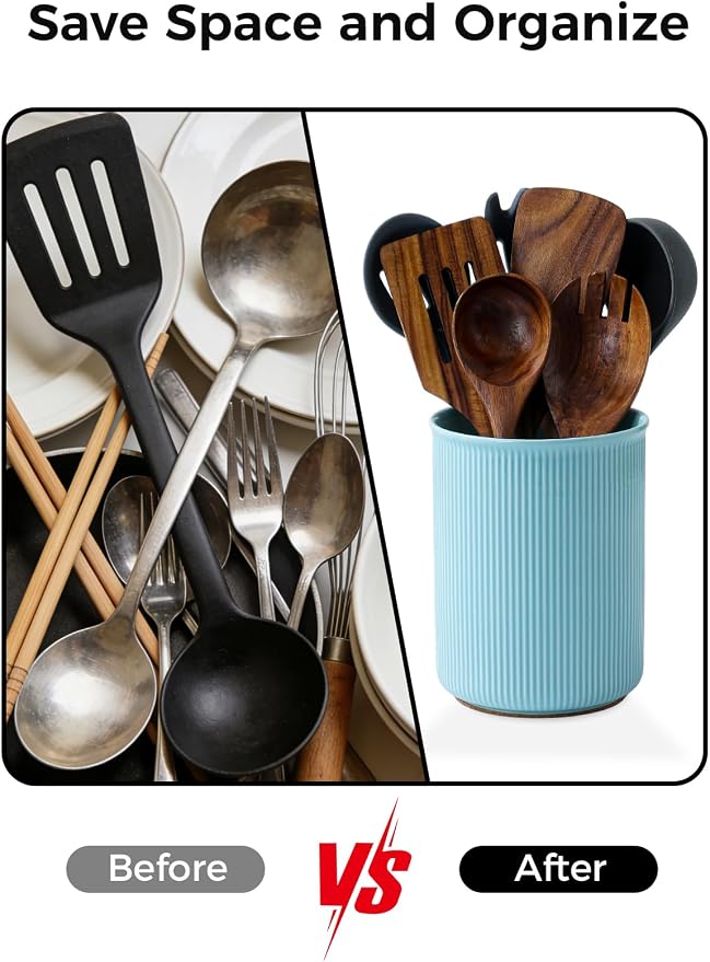LoeJan Utensil Holder, Extra Large Utensil Crock, Stable Ceramic Utensil Organizer, Cooking Tool Organizer Set for Kitchen Counter Farmhouse Décor, Turquoise