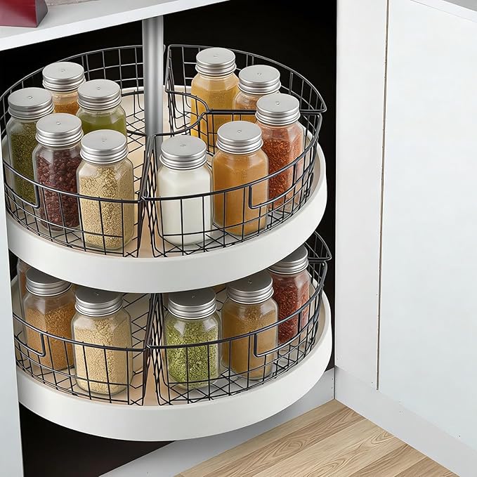 2 Pack Metal Lazy Susan Organizer Baskets with Handles – 1/4 Wedge Wire Storage Bins for 24" Lazy Susan Turntable, Kitchen Cabinet & Pantry Organizer, Black