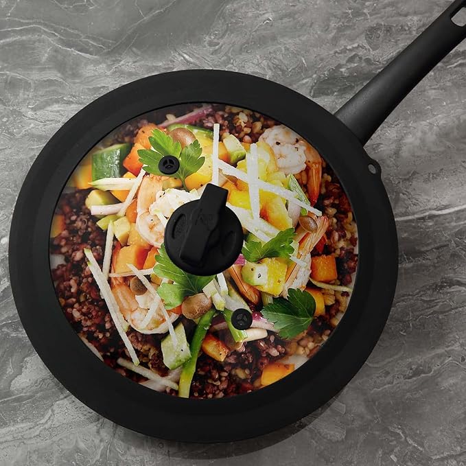Vented Tempered Glass Universal Lid for Pot Pan Skillet with Heat Resistant Silicone Rim Microwave Splatter Lid Cover Microwave Safe Fit 11.5" 12" 12.5" Cookware, Dishwasher Safe Black