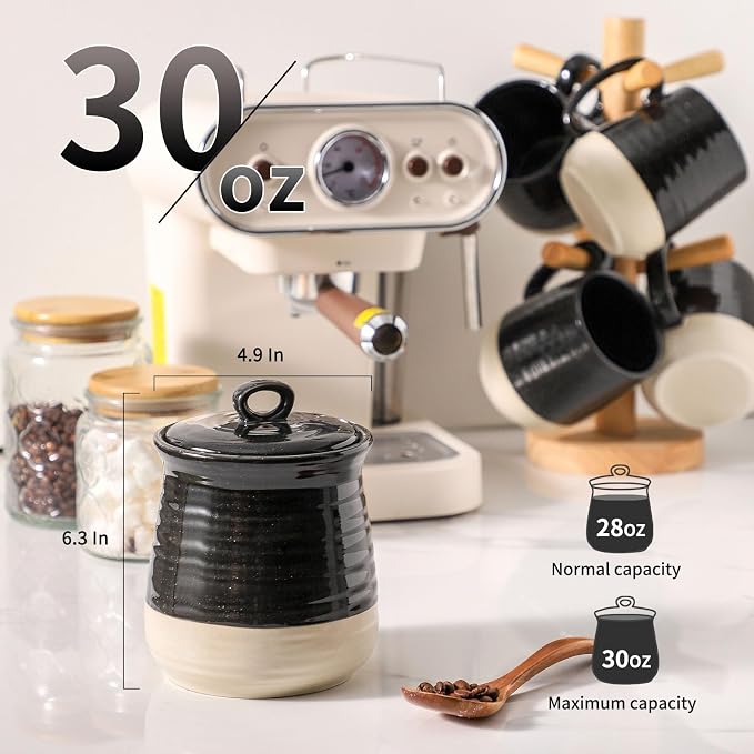 HASENSE Ceramic Food Storage Jar with Airtight Lid, 30 FL Oz Kitchen Canister for Coffee Beans, Tea, Sugar & Candy, Farmhouse Coffee Cookie Container for Kitchen Counter, Black