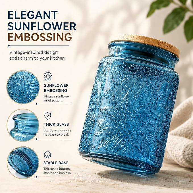 ANSQU 2 Pack Blue Glass Canisters with Lids, 23.7 oz Vintage Embossed Glass Jars, Airtight Food Storage Containers for Coffee Beans, Tea, Sugar, Candy, Cookies, Decorative Kitchen Pantry Organizer
