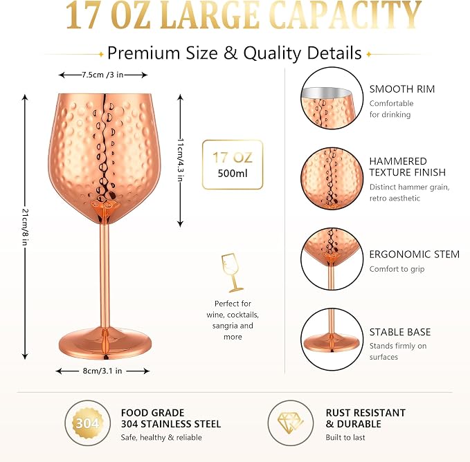 UNISWEET Stainless Steel Wine Glasses Set of 4 Unbreakable (Rose Gold) | 17 oz Large-capacity Hammered Goblets, Lightweight & Reusable, Good for Outdoor, Camping, Pool Travel, Gift for Wine Lovers