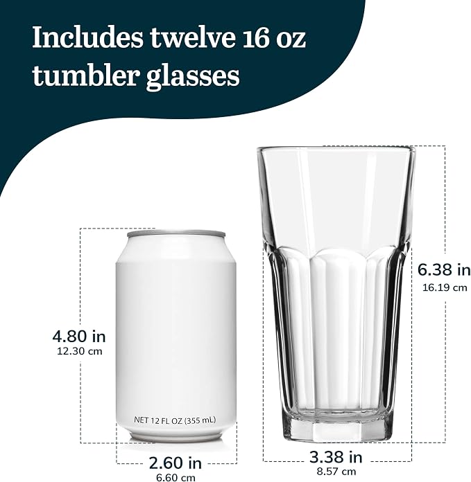 Libbey Gibraltar DuraTuff Drinking Glass Drinking Cup Set, Iconic Heavy Base Bar Glassware hick Drinking Glasses Set of 12, 16-Ounce Cooler Glasses