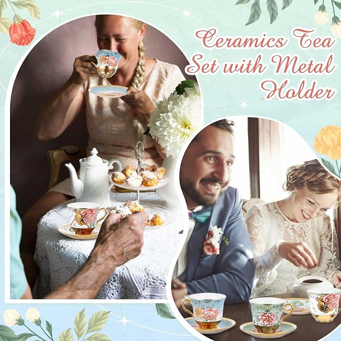 Teenyyou Set of 6 Tea Cups and Saucers Tea Party Decorations Floral Porcelain 5.4 oz British Gift for Women Birthday Party, Church, and Mother's Day (Classic Style)