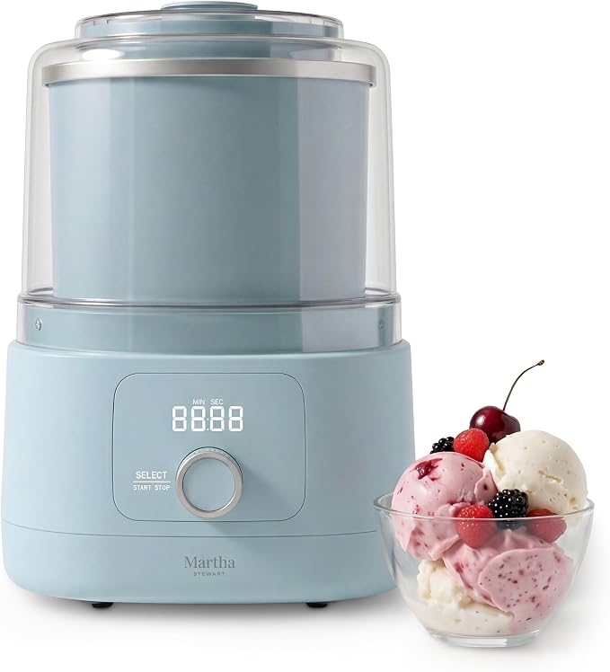 Martha Stewart Ice Cream Maker, 2 Quart Double-Insulated Freezer Bowl, Sorbet & Frozen Yogurt, Ready in 20 Minutes, Mix-Ins Chute, Easy to Clean, Sky Blue