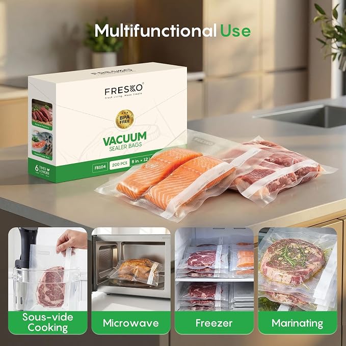 FRESKO 200 Pack 8"x12"Vacuum Sealer Bags, Heavy Duty Commercial Grade Precut Storage Bag, Sous Vide Vacuum Safe, BPA Free