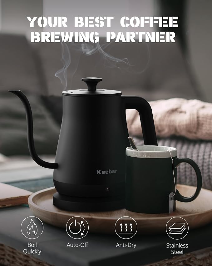 Electric Kettle, Gooseneck Kettle with Auto Shut Off, 0.8L Small Eletric Tea Kettle, Precise Spout Designed for Coffee Tea, 1000W Quick Heat Up, Stainless Steel, Matte Black | Auto Shut Off, 0.8L, Precise Spout Designed for Coffee Tea, 1000W Quick Heat...