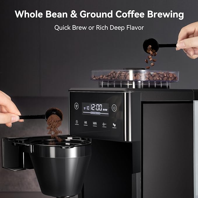 Gevi 10 Cup Drip Coffee Maker with Built‑in Grinder, Grind & Brew Machine, Large Touch Screen, Programmable Scheduled Brewing, 90‑Min Keep‑Warm Plate, Permanent Filter, 1.5L Tank