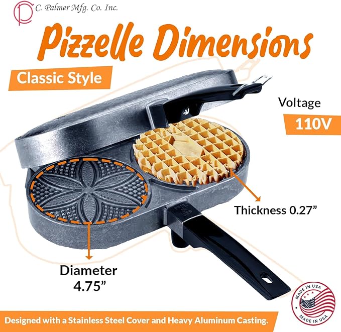 C. Palmer Pizzelle Iron Model 1000, 800 Watts Pizelle Maker Electric, American Made Pizelle Press, Makes Two 5-Inch Authentic Pizelles, Pizelle Cookie Press, Unique Housewarming Gifts for Her