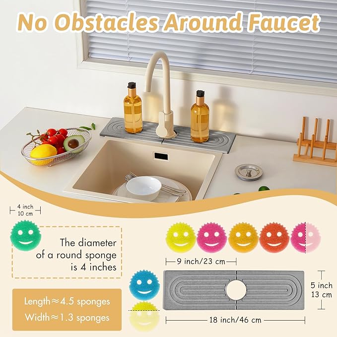 Diatomite Kitchen Sink Water Splash Guard, 18'' Drying Neat Stone Sink Tray, Modern Stylish Faucet Handle Drip Catcher Stone, Absorbent Mat for Kitchen Counter, Gift for Valentine's Day, Light Gray