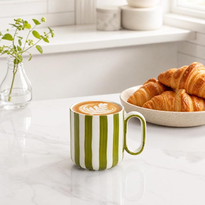 Ceramic Coffee Mugs Set of 4, 8.5 oz Small Stoneware Coffee Cups with Handle, Aesthetic Green Stripe Latte Tea Mug for Latte Tea Hot Chocolate, Microwave and Dishwasher Safe (8.5 oz)