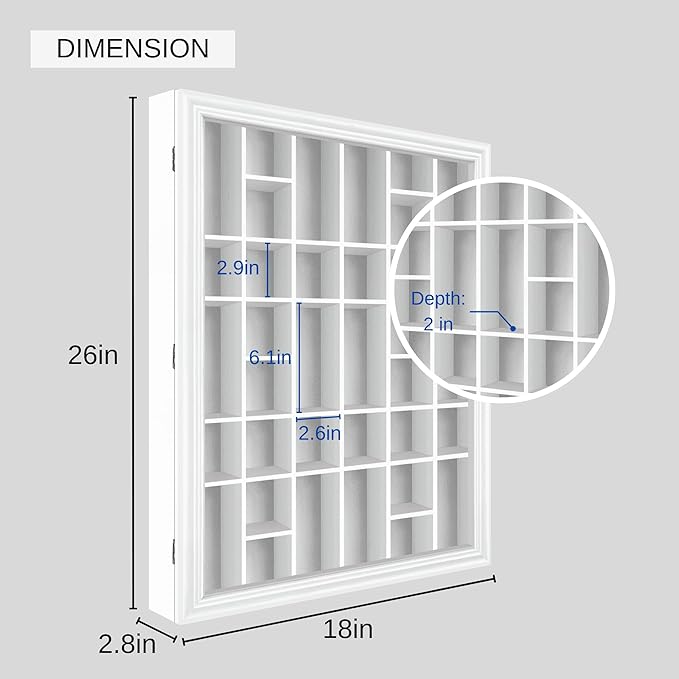 Shot Glass Display Cabinet Solid Wood - Large Display Case for Collectibles | Man Cave Accessories | UV Protection Acrylic Door | Wall Mounted Black Shadow Box | 36 Divided Slots (26 x 18 White)