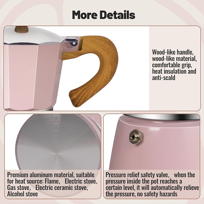6 Cup Aluminum Moka Pot Classic Stovetop Espresso Coffee Maker 300ml 10oz Coffeemaker Percolator Mocha Pot Greca Coffee Maker Cafe Makers for Italian and Cuban Café Brewing Pink