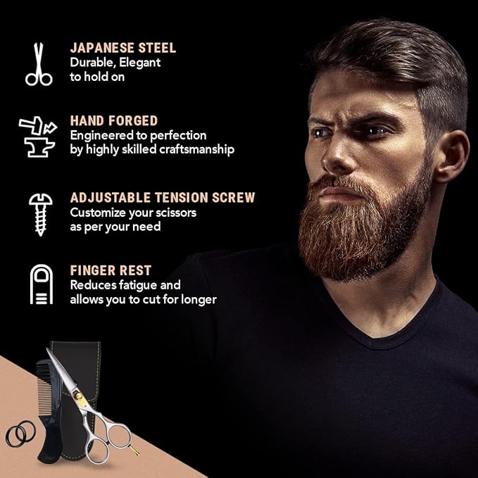 Ontaki Beard & Mustache Scissors for Men - 5.5" Japanese Steel, Silver - Precision Sharp Blades, Ergonomic Finger Rest & Adjustable Tension Screw for Perfect Trimming - Beard Grooming Scissors