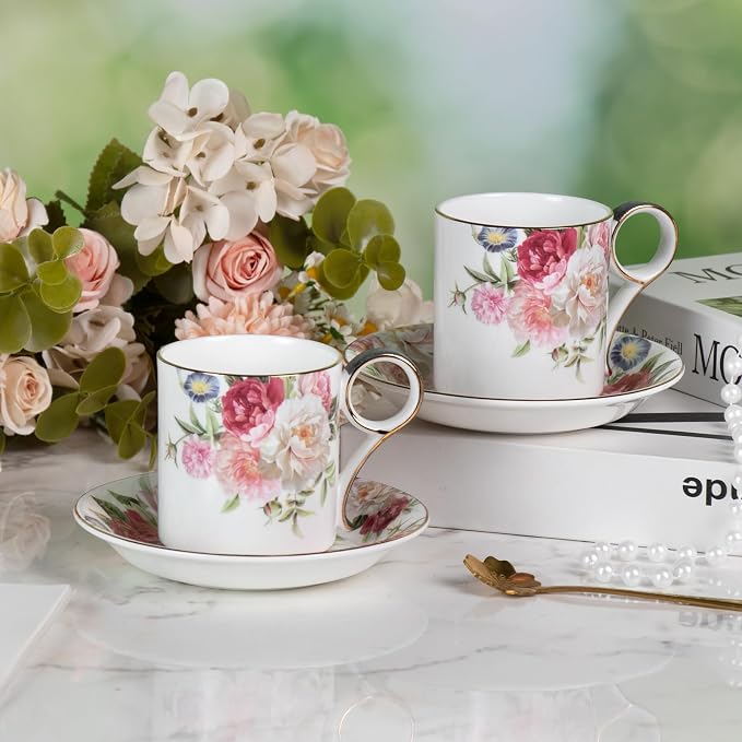 KAMMAK Tea Cups and Saucers Set of 2, Porcelain Coffee Cups, Stackable Espresso Mugs, Ceramic Demitasse for Coffee, Cappuccino, Latte, Americano, Tea, Gray