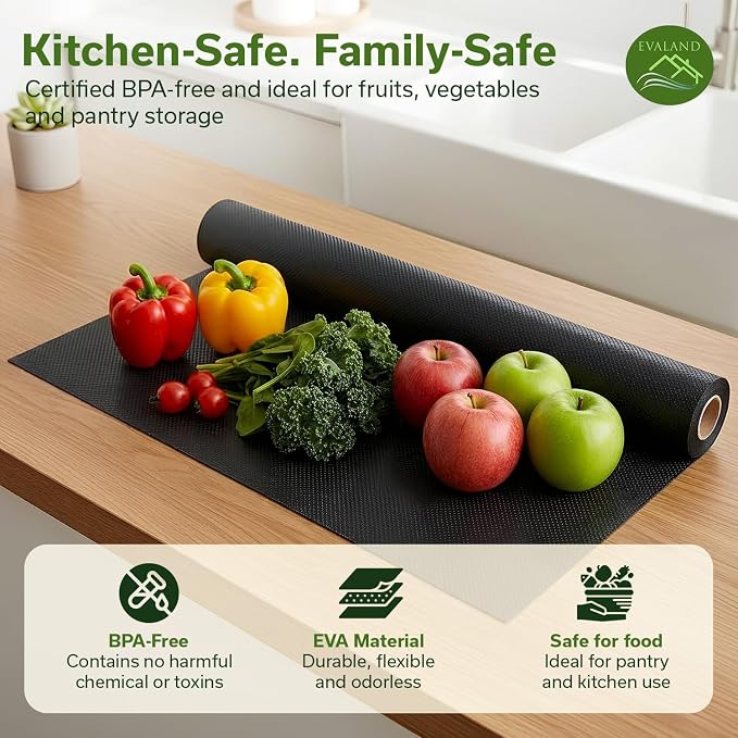 EVALAND Shelf Liners for Kitchen Cabinets Non-Adhesive 17.7" x 33 FT Black Drawer Liner Non Slip, Washable Cabinet Liner, Waterproof Shelf Liners for Cabinets, Refrigerator Bathroom Pantry - Thickened
