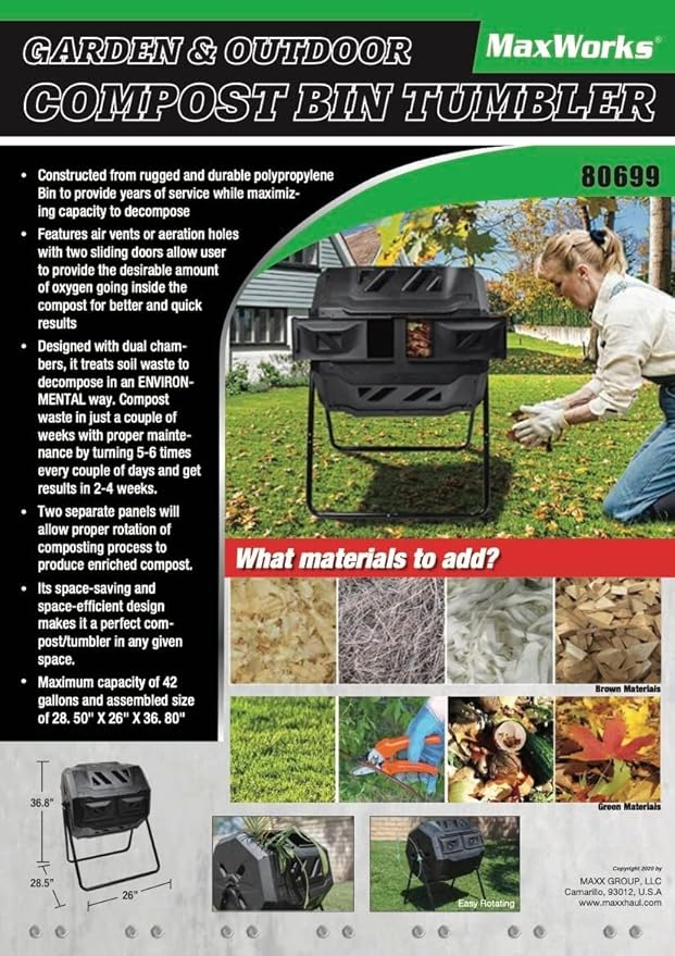 MaxWorks Dual‑Chamber Compost Tumbler, 42‑Gallon Capacity Rotating Outdoor Composter with Aeration Vents, UV‑Resistant Polypropylene Drum and Steel Frame, Includes Gloves (50891)