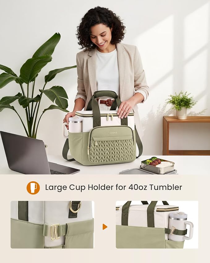 LOVEVOOK Lunch Bag Women, Insulated Wide Opening Adult Lunch Box for Women Work with Cup Holder, Large Lunch Cooler Tote Bag with Utensils Pocket for Office Campus Picnic Beach Mom Nurse Family
