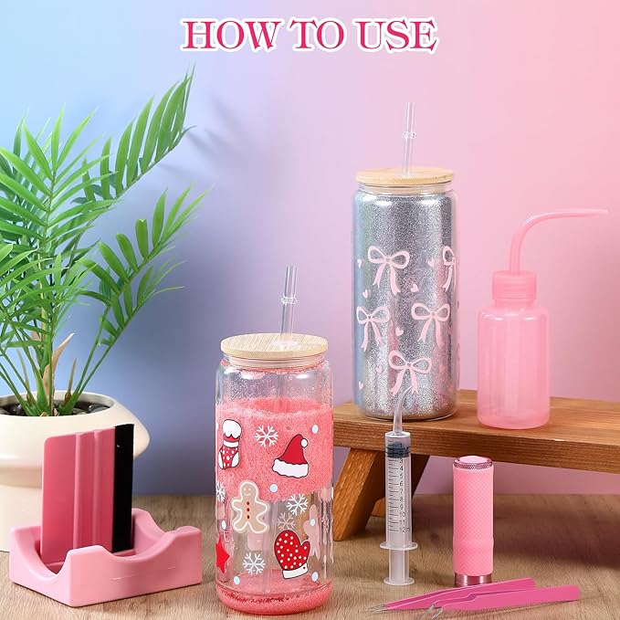 Baderke 20 Pcs Snow Globe Tumbler DIY Kit 16 oz Tumbler Squeeze Bottle, Glitter, Funnel Tweezer Silicone Cup Cradle Measuring Cup Glove Flashlight Buffer for Beginner(Pink,Classic)