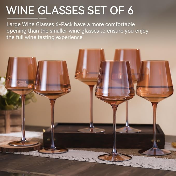 Brown Wine Glasses Set of 6,18oz Dark Amber Wine Glassware Gift Set for Party Brown Hand Blown Glass Drinkware for Red White Wine gifts set for wine lovers