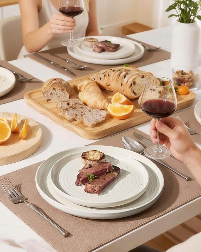 16-Piece Stoneware Dinnerware Sets for 4 with Pasta Bowls – Speckled Glaze with Spiral Design, Coupe Plates and Bowls - Chip & Scratch Resistant, Microwave & Dishwasher Safe, Cream