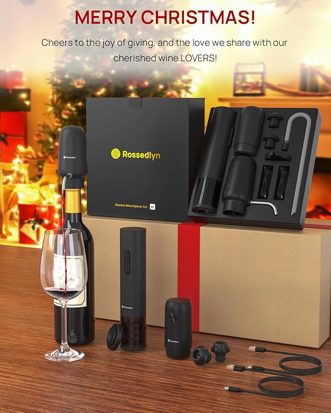 Rechargeable Electric Wine Opener Gift Set - Aerator, Bottle Opener, Foil Cutter, Wine Vacuum Pump and Stoppers for Home Bar Outdoor Party