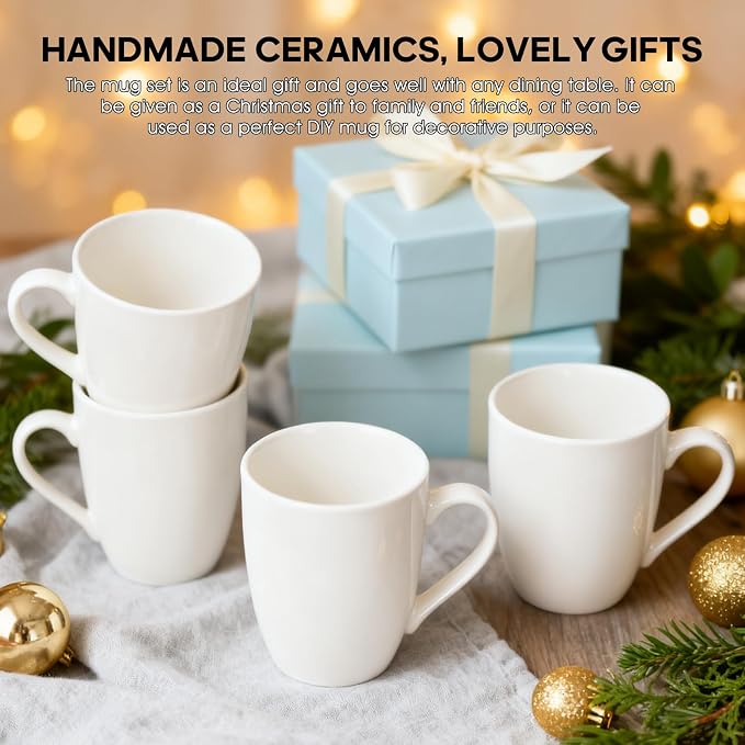 6 Pack Ceramic Coffee Mugs Set, 12 OZ Porcelain, White | With Handle, Hot Tea, Americano, Mocha, Milk, Latte, Dishwasher Safe, Microwave Safe