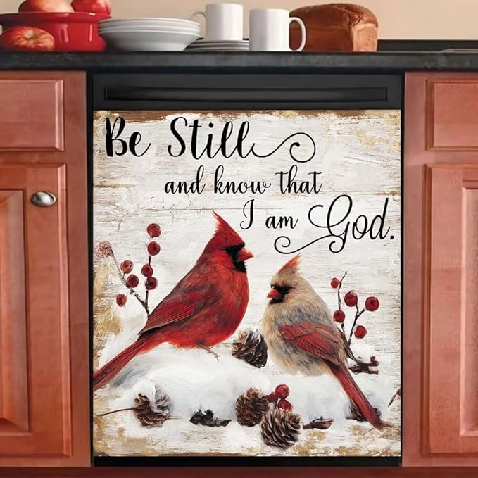Red Hummingbird Dishwasher Magnet Cover,Winter Snow Scene Dishwasher Magnetic Sticker,Pine Cone Refrigerator Panel Decal,Wood Grain Washing Machine Front Door Magnetic Decoration,23"x17"
