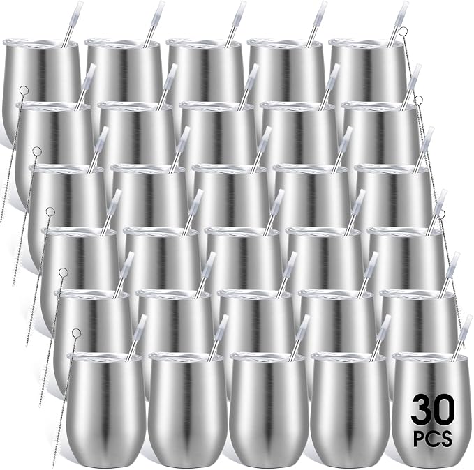 Inbagi 30 Pack 12 oz Stainless Steel Tumblers Bulk with Lids and Straws, Double Wall Insulated Wine Tumblers for Wedding Party Favors, Bridal Shower, Birthday Event Gifts (Silver Gray)