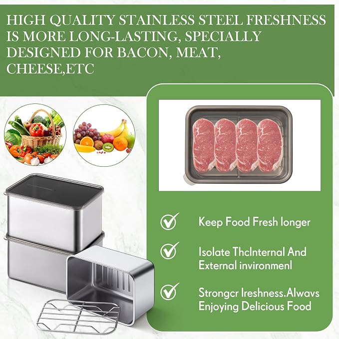 Hushee 3 Set 304 Stainless Steel Containers for Fridge, with Removable Drain Tray, 30 oz Airtight Food Container with Lids for Fruit Bacon Deli Meat Fresh Storage(5. 12 x 3. 74 x 2. 76 Inch)