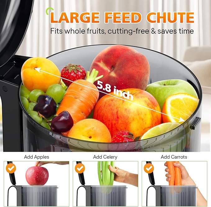 Juicer Machines with 5.8" Wide Feed Chute, Masticating Juicer for Whole Vegetables & Fruits, Cold Press Juicer,Juice Extractor Machine Easy to Clean, (grey, 5.8)