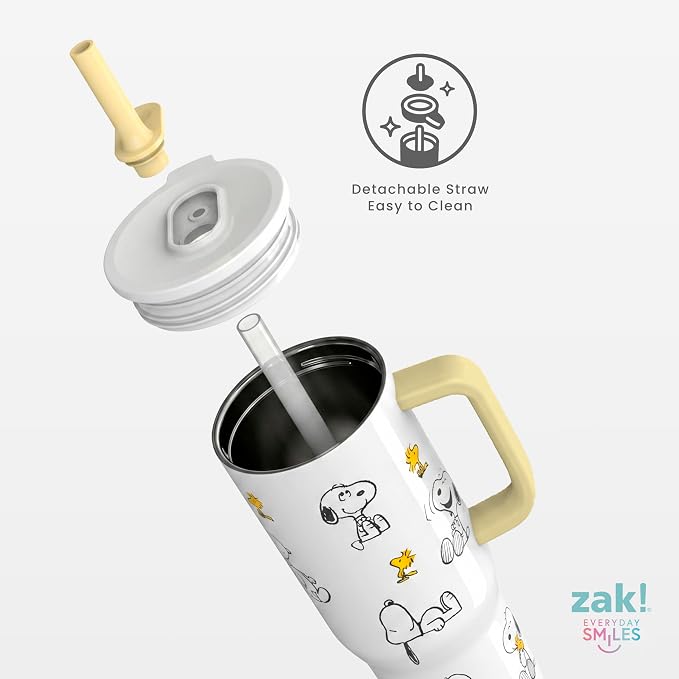 Zak Designs Peanuts Sutton Travel Tumbler for On the Go, 30oz Stainless Steel with Vacuum Insulation, Silicone Straw, and Carry Handle for Cold Drinks, BPA Free (Snoopy & Woodstock)