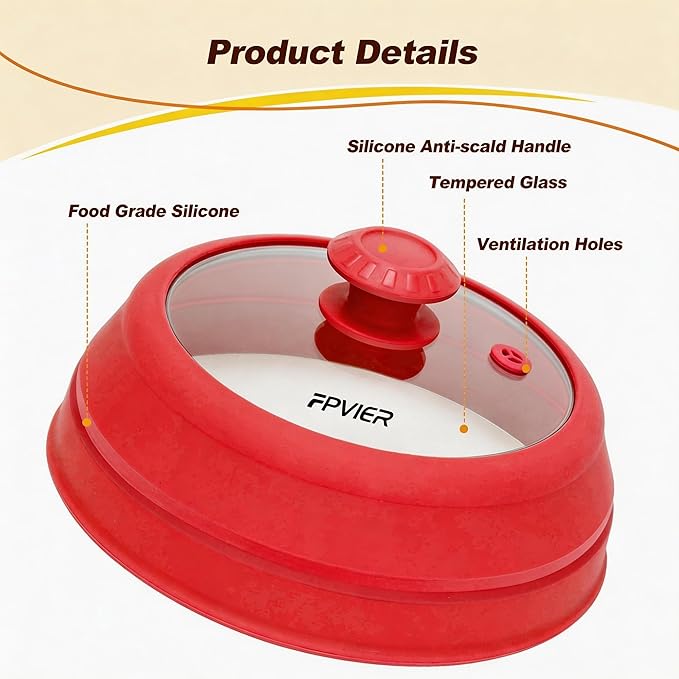 Microwave Splatter Cover - 9.8" Glass Lid with Collapsible Silicone Rim, Universal Pot & Plate Cover for Mess-Free Heating (Red, 9.8inch)