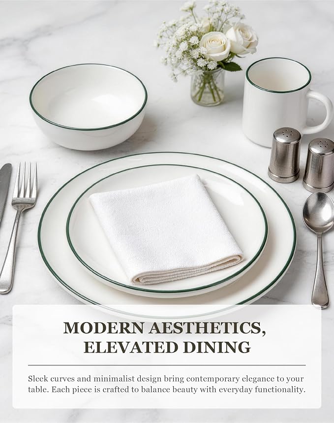 OTAGO 16-Piece Dinnerware Set for 4 with 4 Mugs, White with green rim Stoneware Plates and Bowls Sets, Ceramic Dish Set for Kitchen, Dinner & Dining, Green Rim, Microwave & Dishwasher Safe