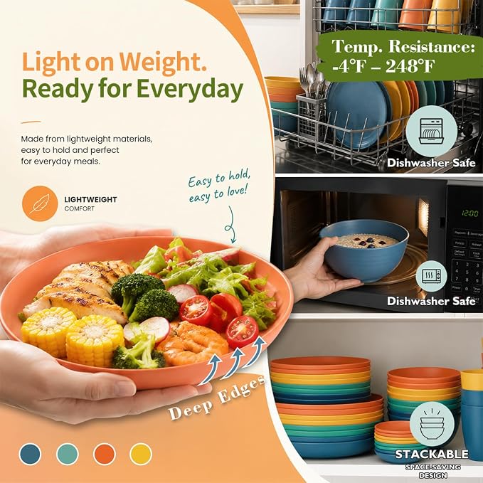 Wrova Plates and Bowls Sets 40-Piece, Unbreakable Wheat Straw Dinnerware Sets for 8, Lightweight Dishware Sets Microwave Safe- Deep Plates/Cereal Bowls/Cups Set/Soy Sauce Dish for Kitchen,RV- Colorful