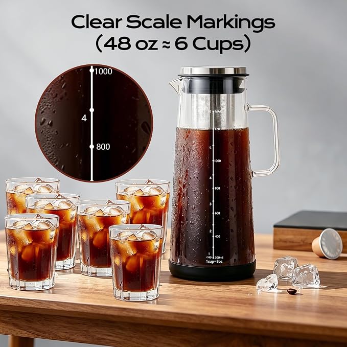 Cold Brew Coffee Maker 48oz/1.4L, Airtight Glass Carafe with Extended Fine Mesh Stainless Steel Filter, Iced Tea & Fruit Pitcher with with Handle and Removable Base