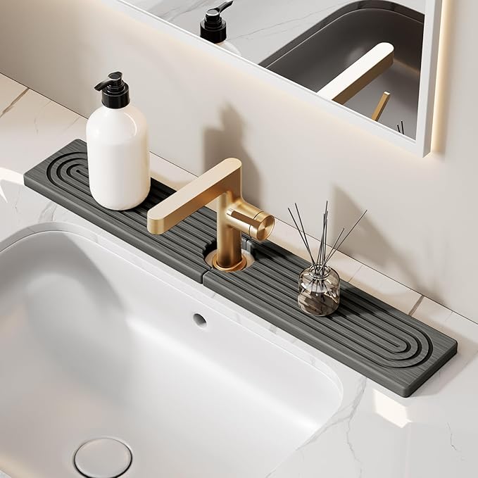 23.6 Inch Stone Faucet Mat for Kitchen Sink Splash Guard - Diatomite Quick Dry Stone Mat Kitchen Sink Protectors, Water-Absorbent Faucet Handle Drip Tray (Dark Gray, 23.6" x 3.9")