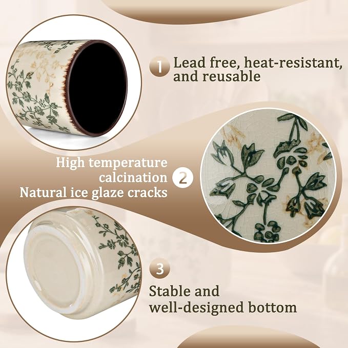 Kitchen Ceramic Utensil Holder Rustic 5.5" Brown Green Floral Utensil Crock for Countertop Tuscany Cooking Tools Storage Caddy for Spatula Spoon Farmhouse Decor Housewarming Gift