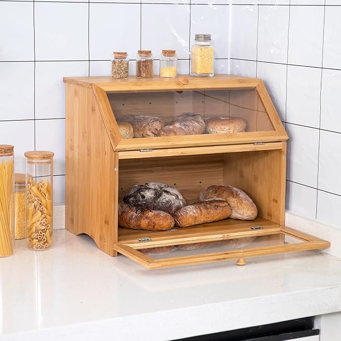 HOMEKOKO Double Layer Large Bread Box for Kitchen Counter, Natural Bamboo | Bread Storage Bin, Wooden, Large Capacity, See Through, Easy Assembly