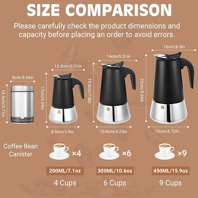 Moka Pot, 9 Cups (15.9 oz) Stovetop Espresso Maker, 304 Stainless Steel Moka Pot, Induction Compatible, Black