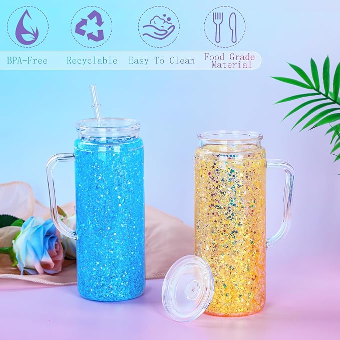 20 Oz Acrylic Snow Globe Tumbler Cup with Handle, Double Wall Plastic Snowglobe Tumbler with Pre-Drilled Hole and Plug for Glitter DIY, 4 Pack
