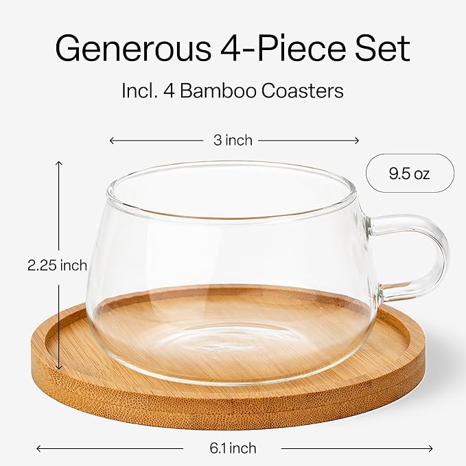 MIAMIO - 4x Glass Coffee/Tea Cups with Saucer (9.5 oz), Cappuccino Mugs/Tea Cup/Glass Mug for Coffee, Tea, Matcha, Latte, Coffee Cup with Saucer in a Set of 4 - Olea (Transparent)
