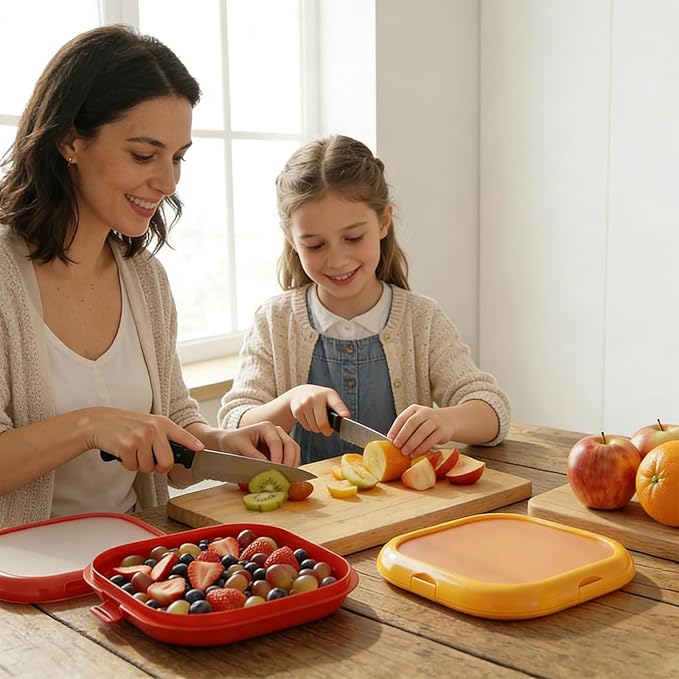 2 Pack Reusable Silicone Storage Boxes, Avocado Saver & Onion Storage for Avocado, Cut Onions, Tomatoes, Garlic and Leftovers in Fridge (Red/Yellow)
