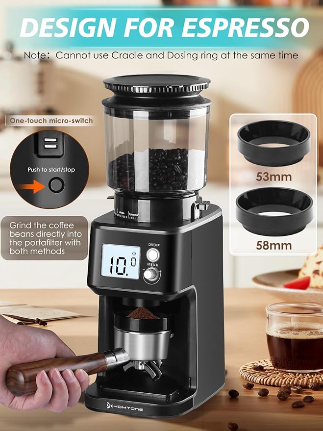 Homtone Conical Burr Espresso Coffee Grinder,51 Precise Settings,Electric Mill with Portafilter Holder, 2-12 Cups Adjustable, Anti-static, Stainless Steel, 120V