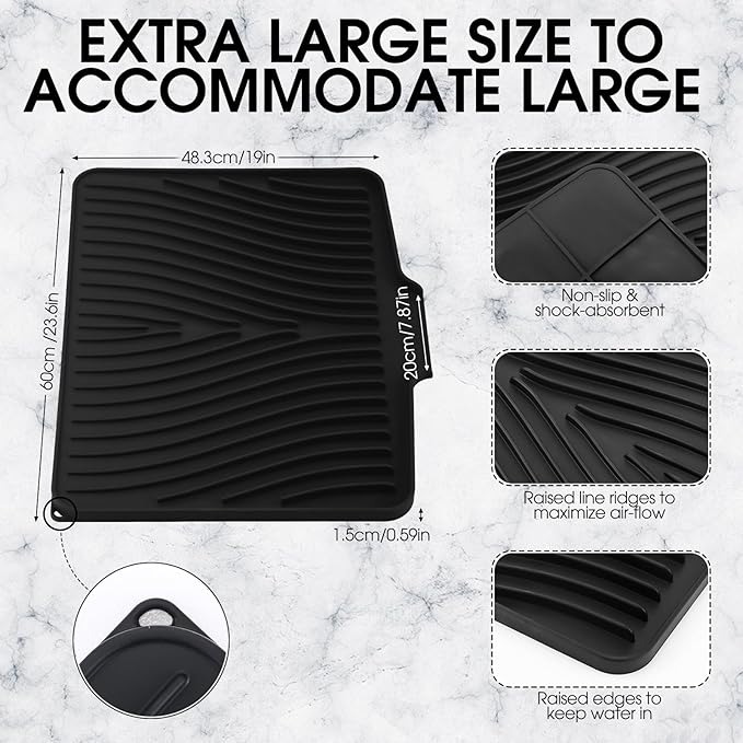 Teenyyou Extra Large Silicone Dish Drying Mat For Kitchen Counter Drying Pad 23.6 x 19 Inch Rubber Dish Drainer Mat with Drain Lip for Sink Drawer Liner(Black)